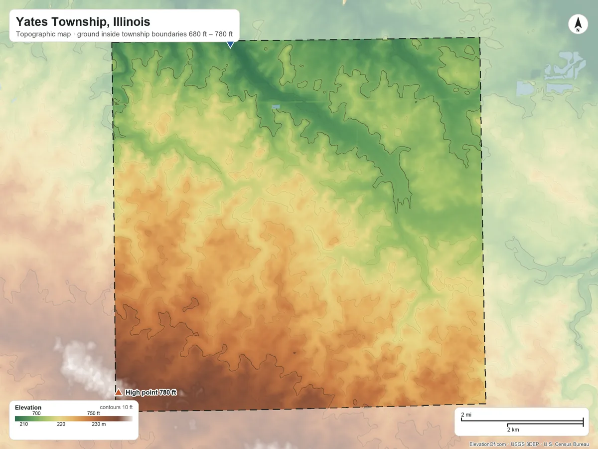 Topographic elevation map of Yates Township, Illinois, shaded from 680 ft on the northwest side to 780 ft on the southwest side