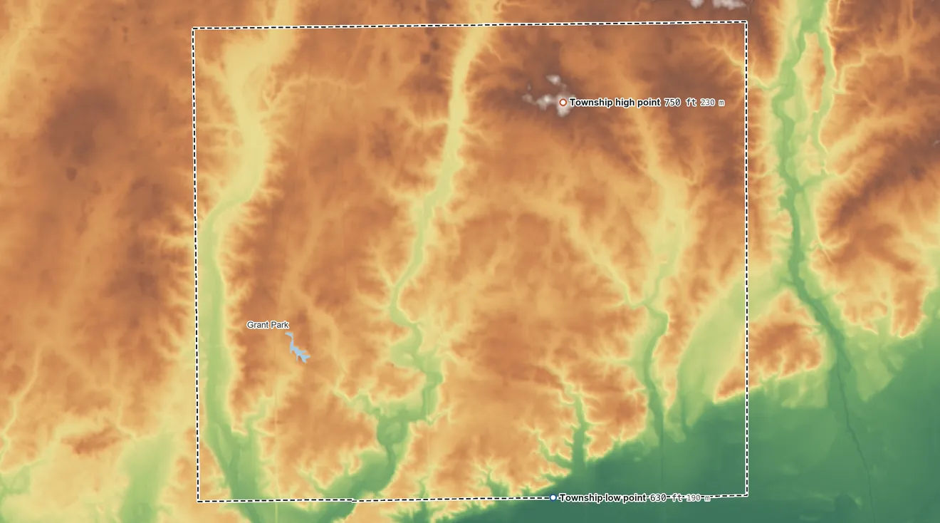 Topographic elevation map of Yellowhead Township, Illinois, shaded from 630 ft on the southeast side to 750 ft on the northeast side