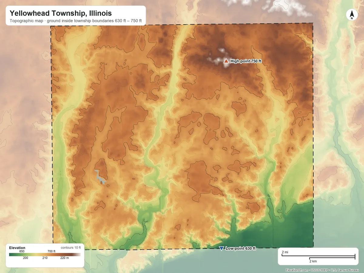 Topographic elevation map of Yellowhead Township, Illinois, shaded from 630 ft on the southeast side to 750 ft on the northeast side