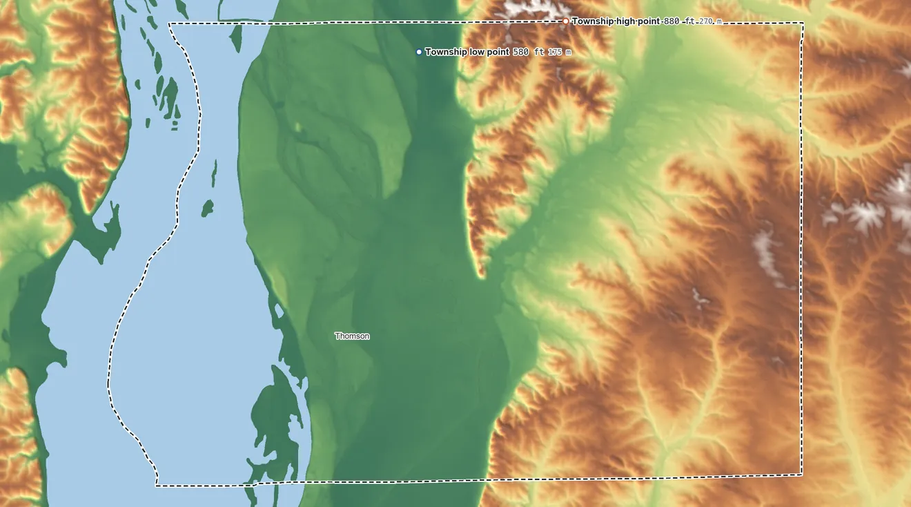 Topographic elevation map of York Township, Carroll County, Illinois, shaded from 580 ft on the north side to 880 ft on the northeast side