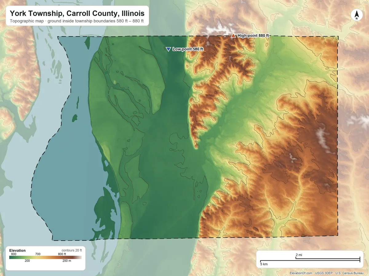 Topographic elevation map of York Township, Carroll County, Illinois, shaded from 580 ft on the north side to 880 ft on the northeast side