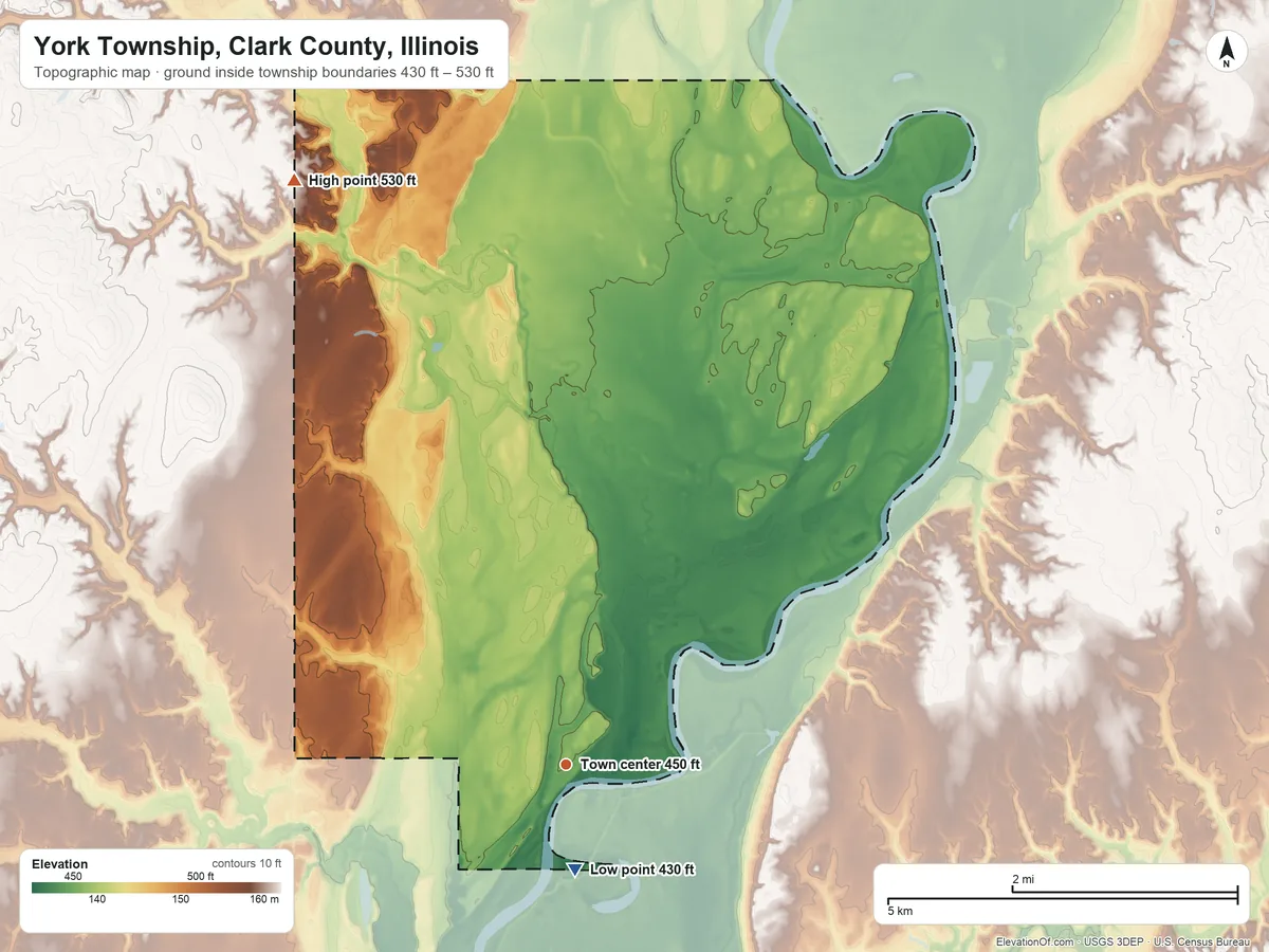 Topographic elevation map of York Township, Clark County, Illinois, shaded from 430 ft on the south side to 530 ft on the northwest side