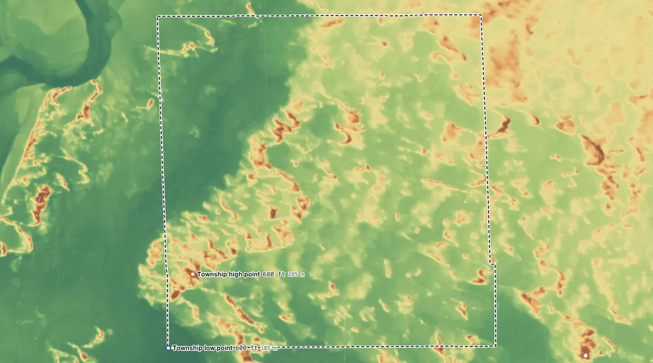 Topographic elevation map of Yorktown Township, Illinois, shaded from 600 ft on the southwest side to 680 ft on the southwest side