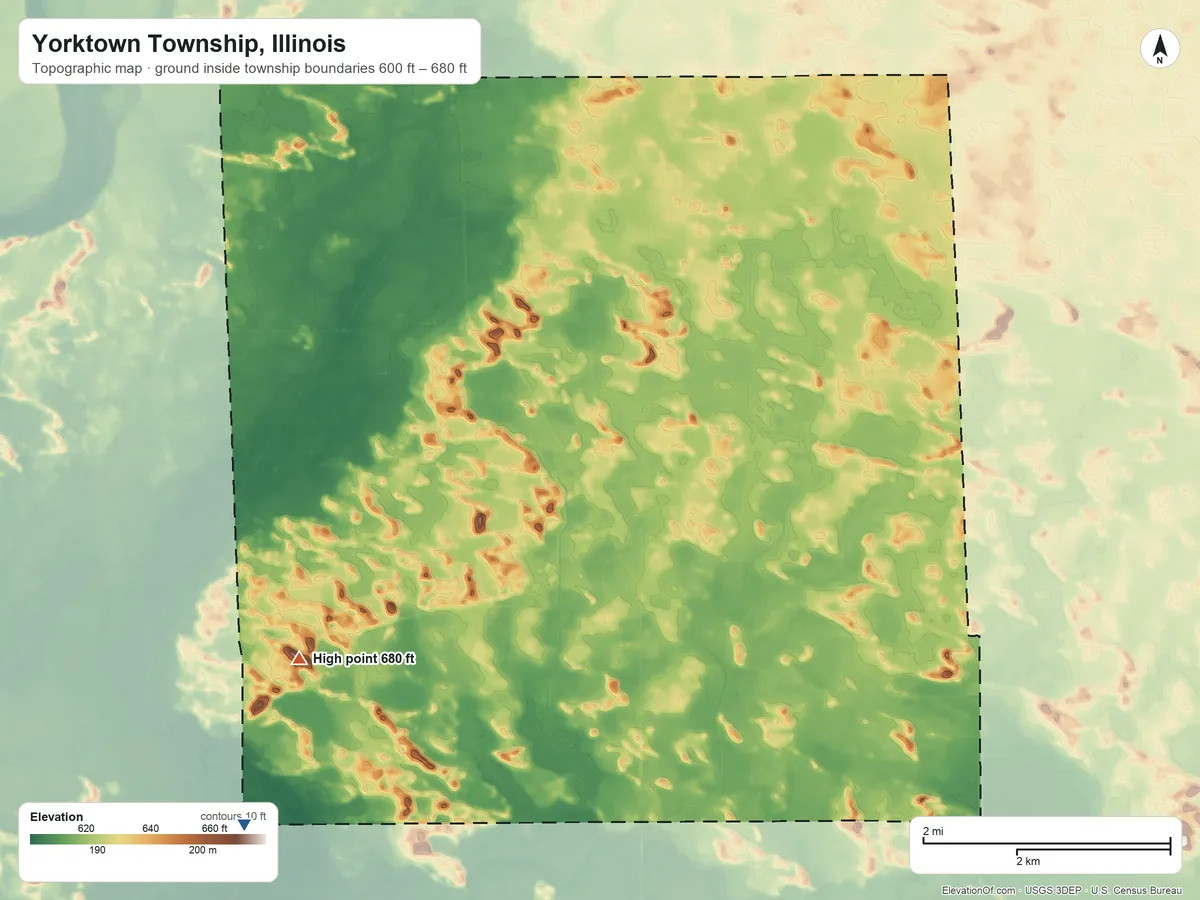 Topographic elevation map of Yorktown Township, Illinois, shaded from 600 ft on the southwest side to 680 ft on the southwest side