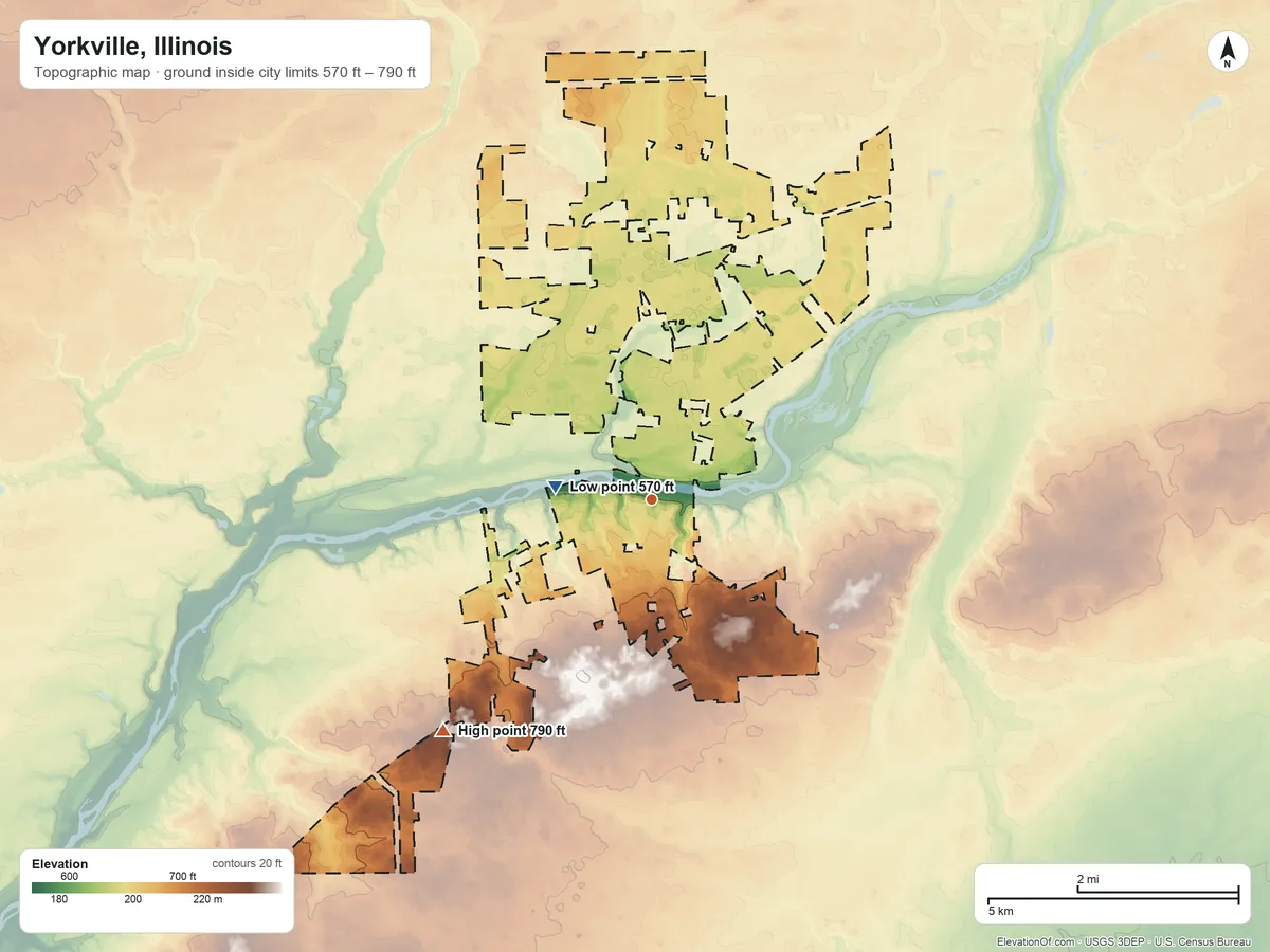 Topographic elevation map of Yorkville, Illinois, shaded from 570 ft on the west side to 790 ft on the southwest side