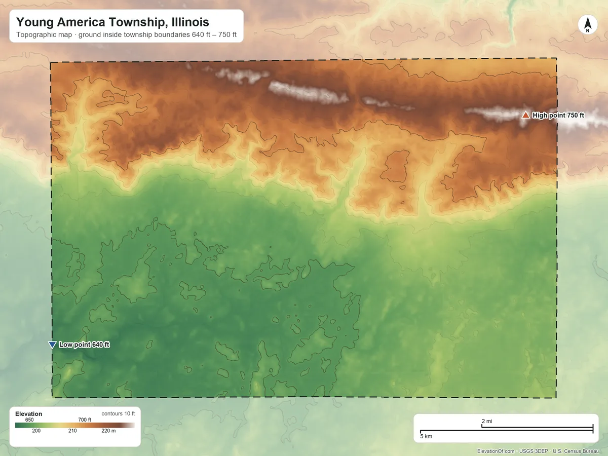 Topographic elevation map of Young America Township, Illinois, shaded from 640 ft on the west side to 750 ft on the northeast side