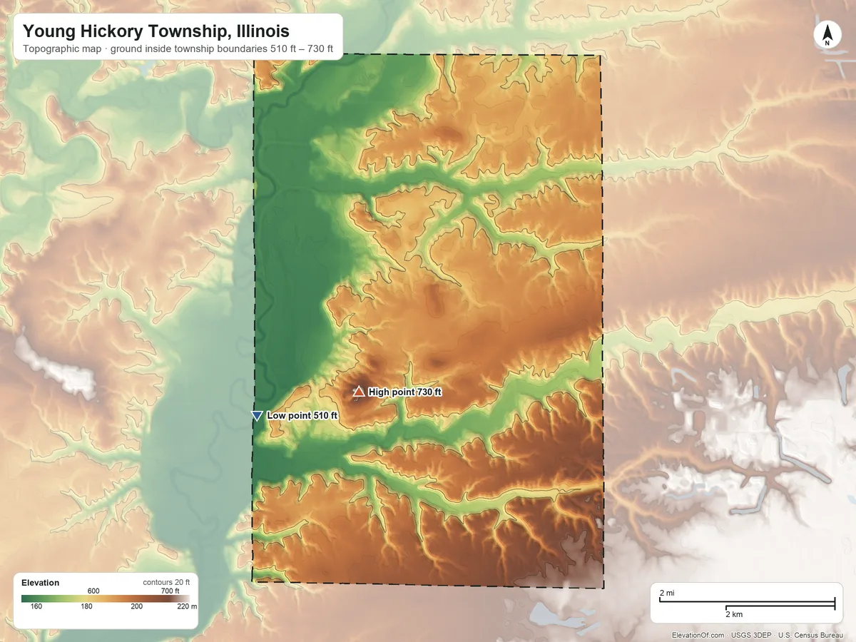 Topographic elevation map of Young Hickory Township, Illinois, shaded from 510 ft on the southwest side to 730 ft on the south side
