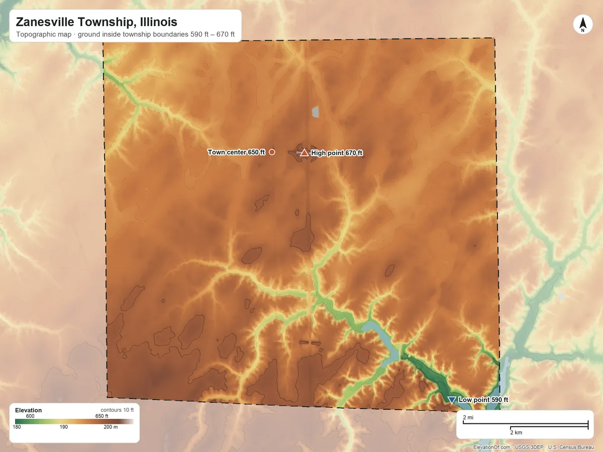 Topographic elevation map of Zanesville Township, Illinois, shaded from 590 ft on the southeast side to 670 ft near the middle