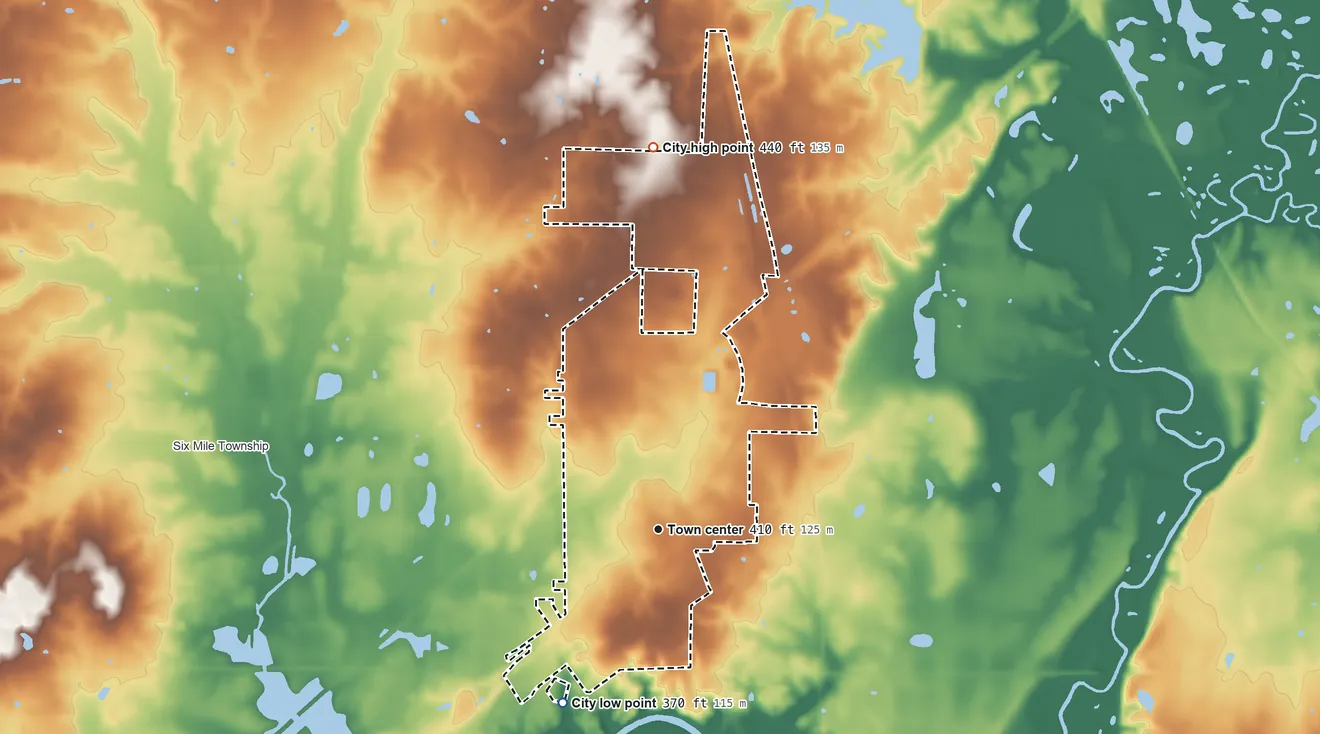 Topographic elevation map of Zeigler, Illinois, shaded from 370 ft on the southwest side to 440 ft on the north side