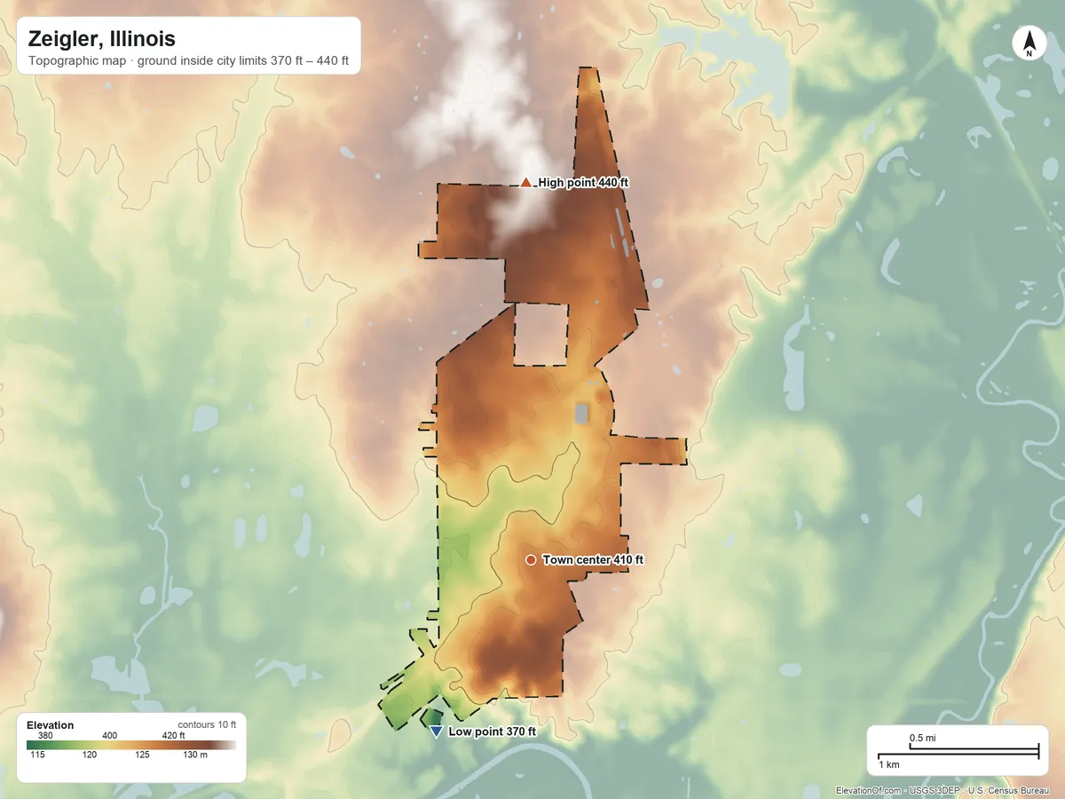 Topographic elevation map of Zeigler, Illinois, shaded from 370 ft on the southwest side to 440 ft on the north side