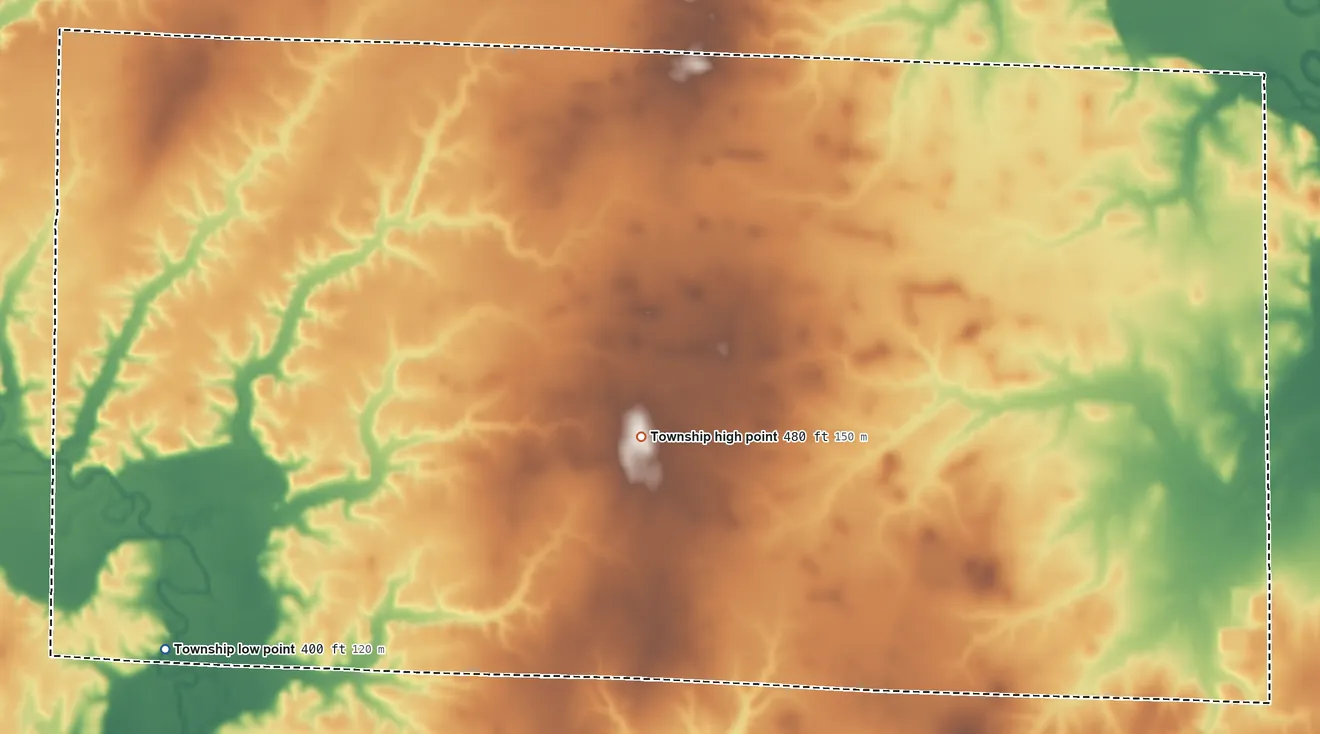 Topographic elevation map of Zif Township, Illinois, shaded from 400 ft on the southwest side to 480 ft near the middle