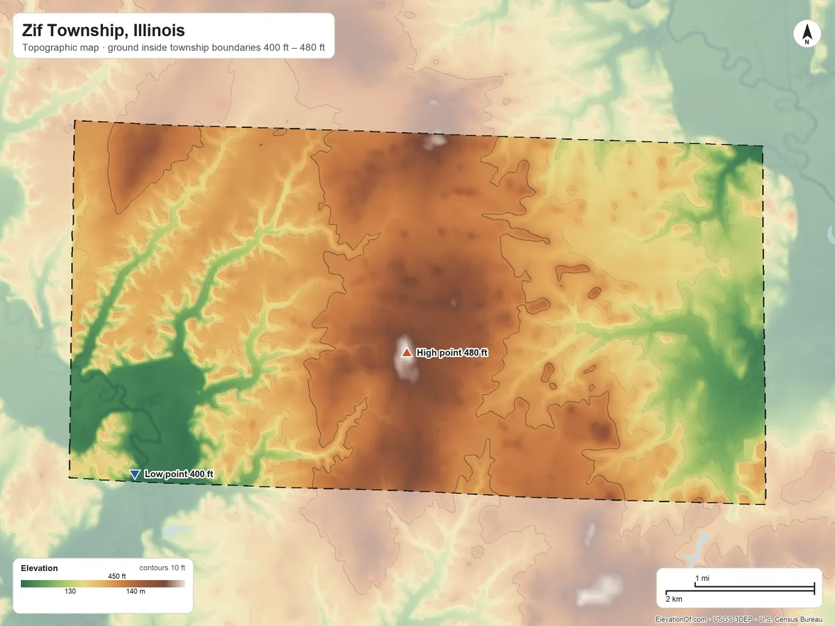Topographic elevation map of Zif Township, Illinois, shaded from 400 ft on the southwest side to 480 ft near the middle