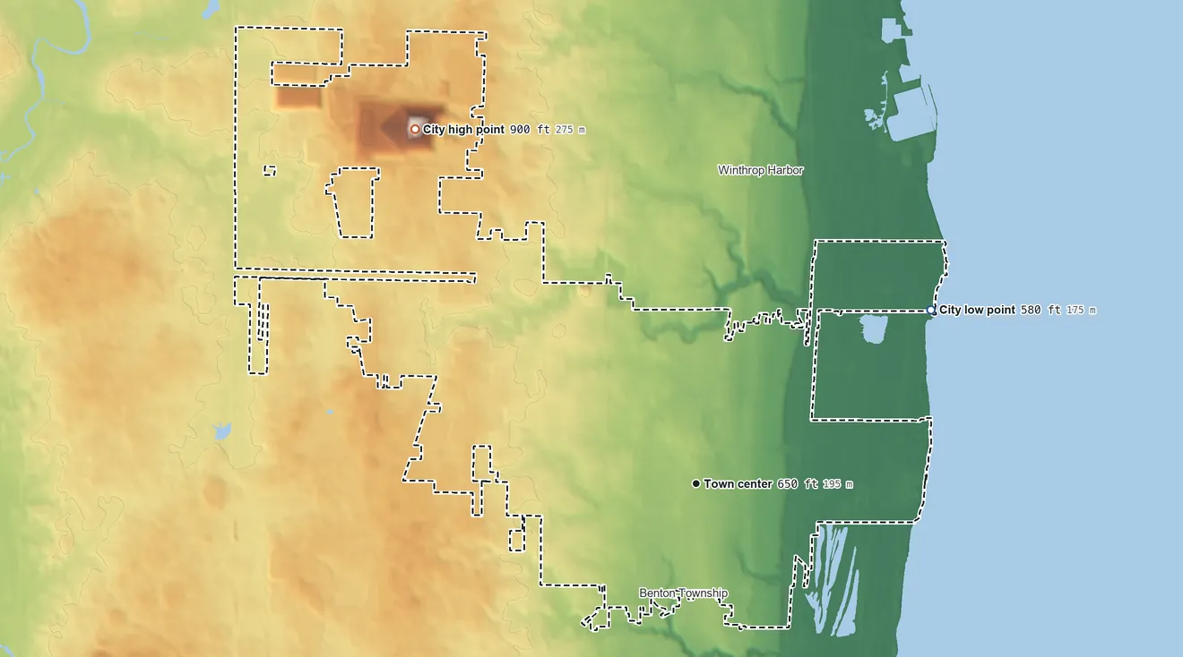 Topographic elevation map of Zion, Illinois, shaded from 580 ft on the northeast side to 900 ft on the northwest side