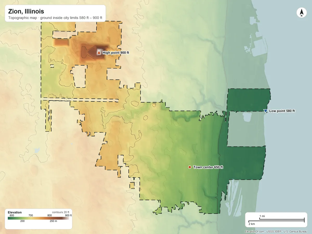 Topographic elevation map of Zion, Illinois, shaded from 580 ft on the northeast side to 900 ft on the northwest side