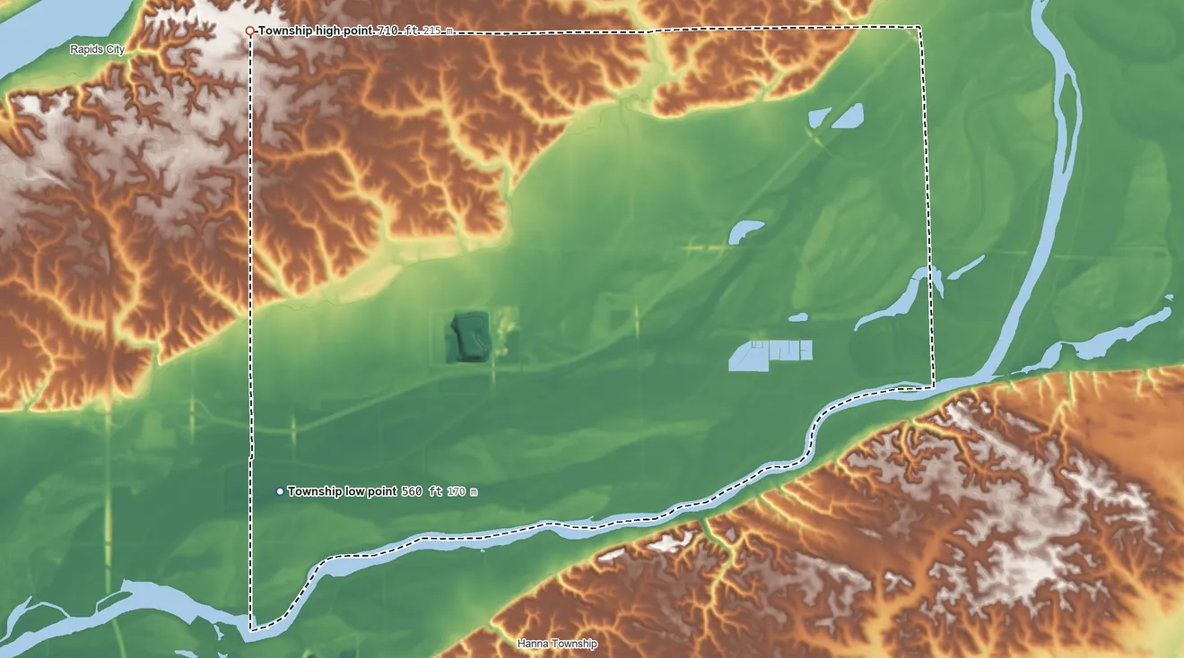Topographic elevation map of Zuma Township, Illinois, shaded from 560 ft on the southwest side to 710 ft on the northwest side