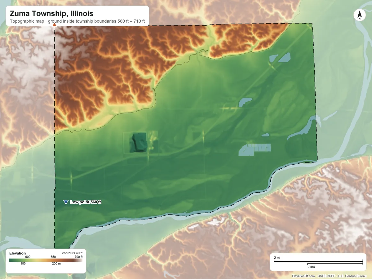 Topographic elevation map of Zuma Township, Illinois, shaded from 560 ft on the southwest side to 710 ft on the northwest side