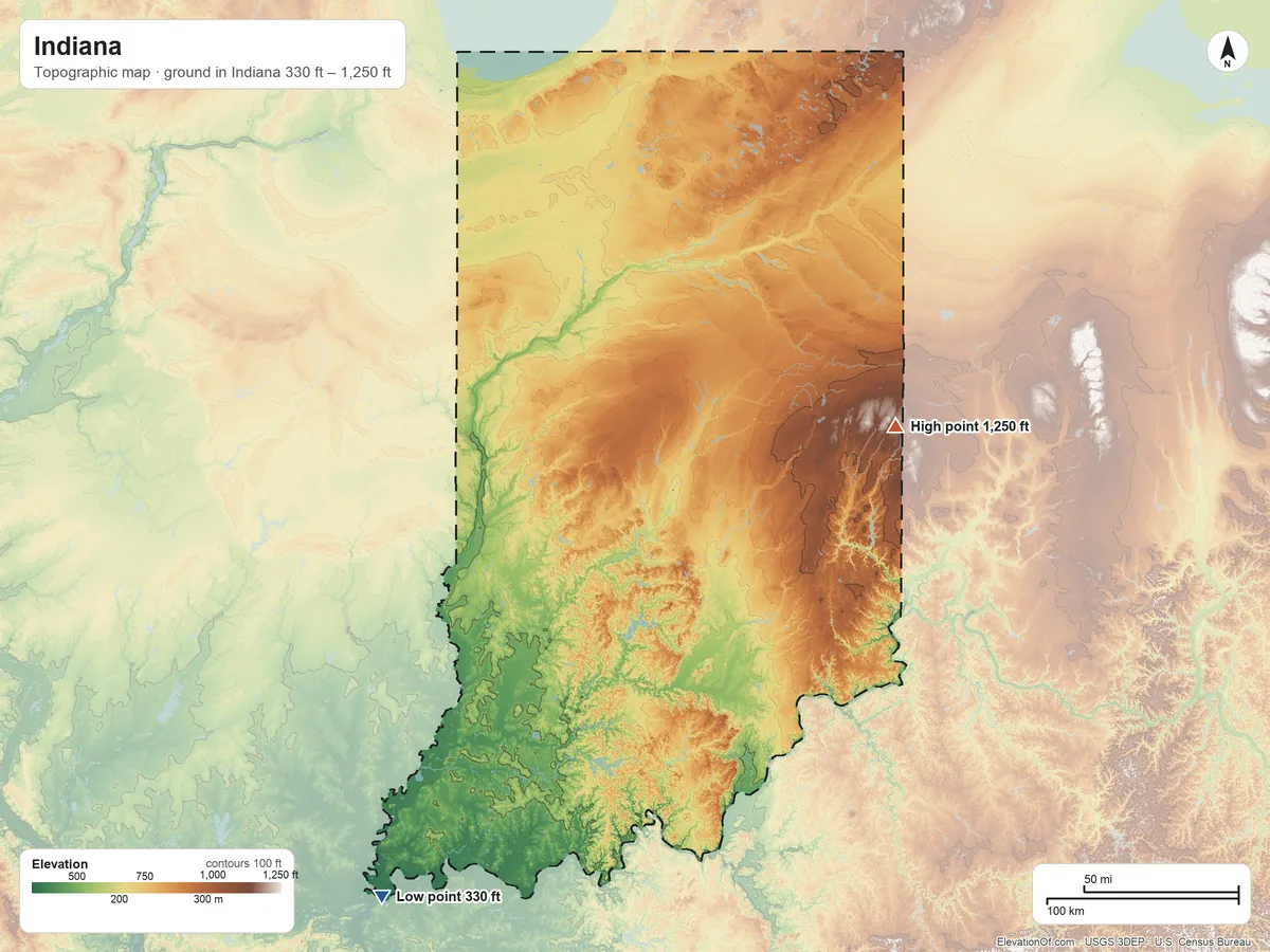 Topographic elevation map of Indiana, shaded from 330 ft on the southwest side to 1,250 ft on Hoosier Hill