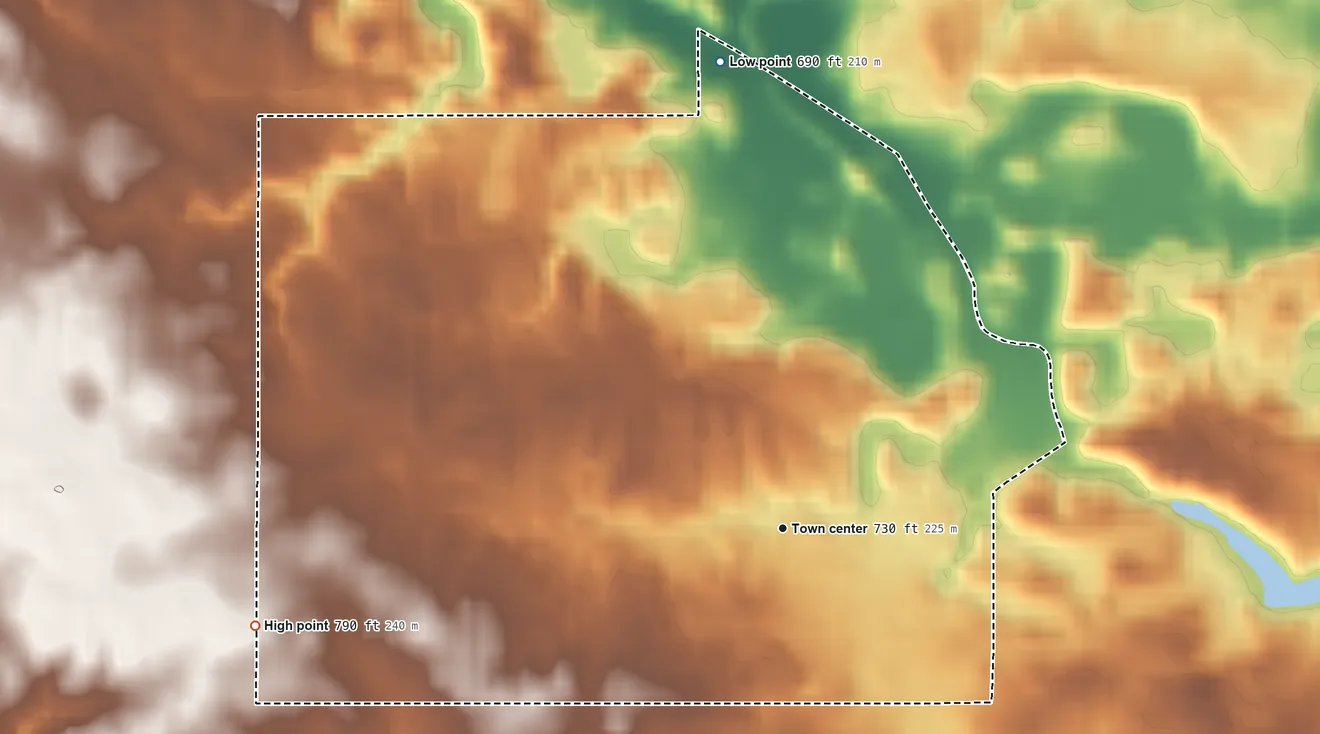 Topographic elevation map of Aberdeen, Indiana, shaded from 690 ft on the north side to 790 ft on the west side