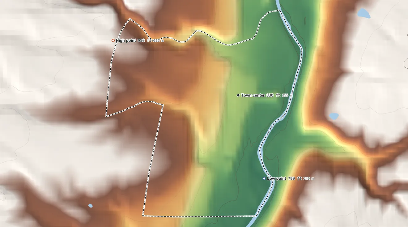 Topographic elevation map of Abington, Indiana, shaded from 790 ft on the south side to 950 ft on the northwest side