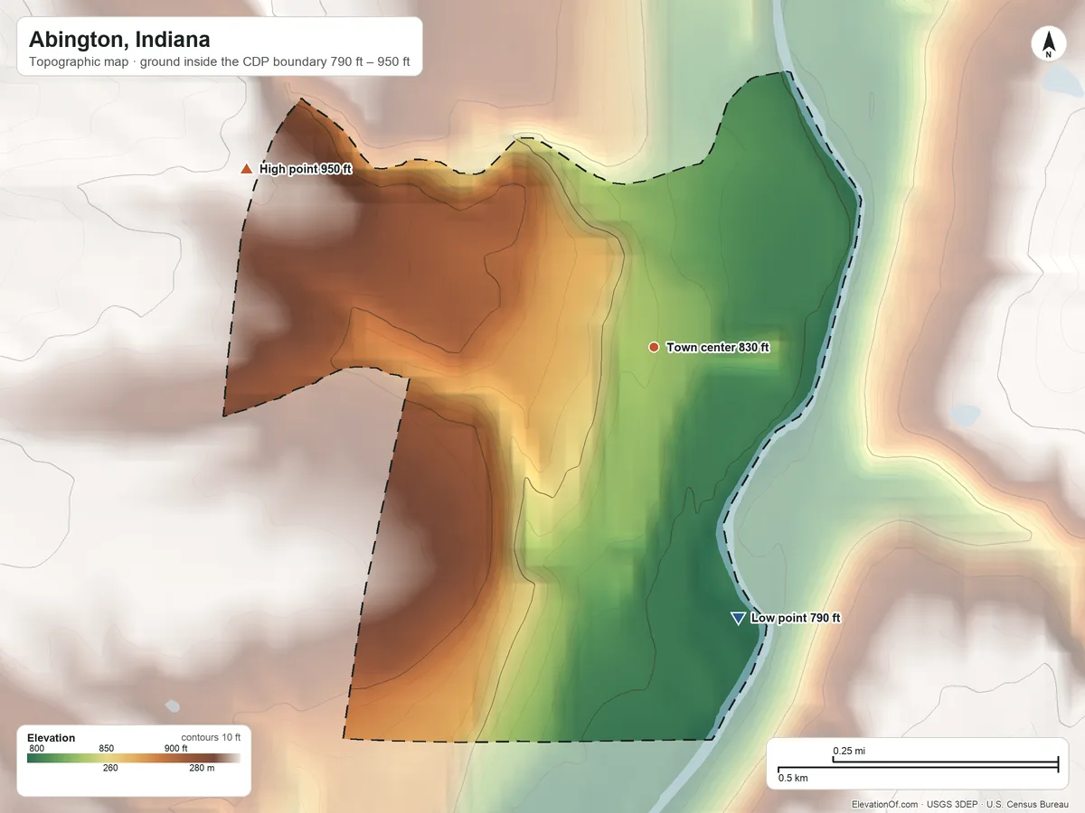 Topographic elevation map of Abington, Indiana, shaded from 790 ft on the south side to 950 ft on the northwest side