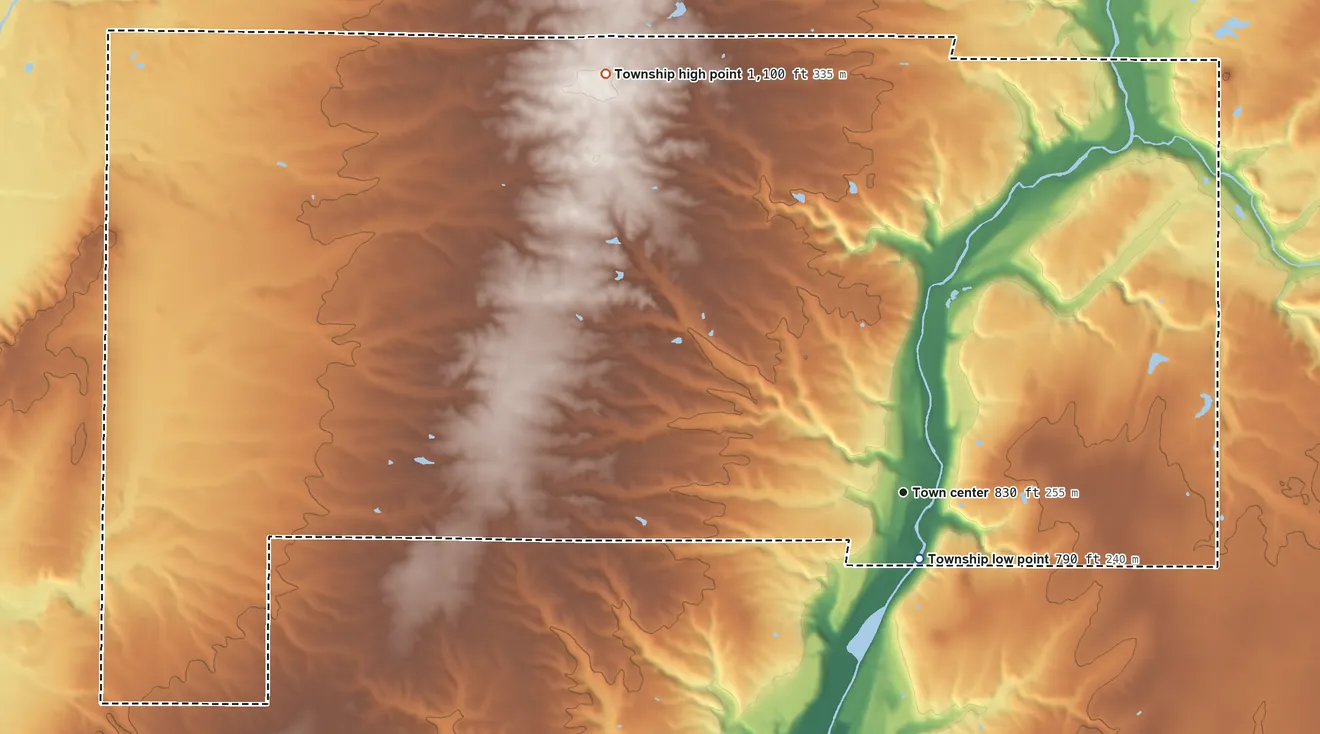 Topographic elevation map of Abington Township, Indiana, shaded from 790 ft near the middle to 1,100 ft on the northwest side