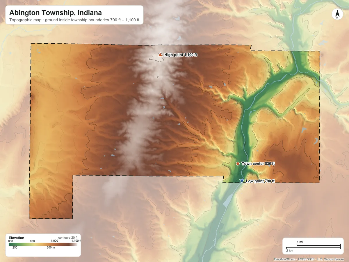 Topographic elevation map of Abington Township, Indiana, shaded from 790 ft near the middle to 1,100 ft on the northwest side