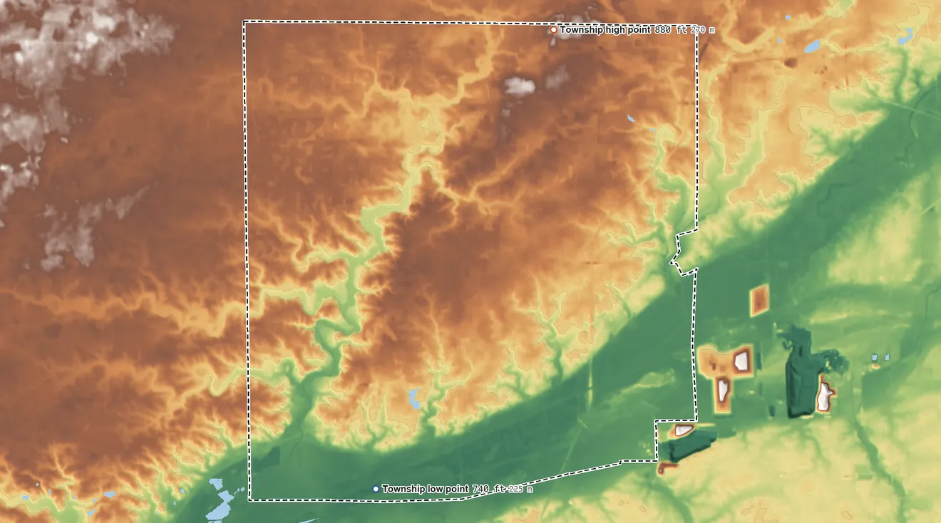 Topographic elevation map of Aboite Township, Indiana, shaded from 740 ft on the south side to 880 ft on the north side