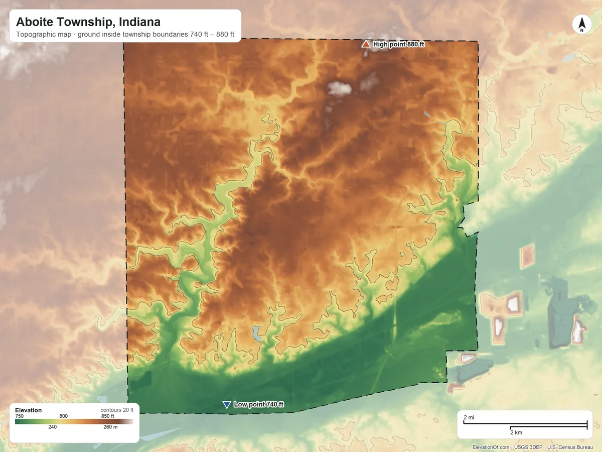 Topographic elevation map of Aboite Township, Indiana, shaded from 740 ft on the south side to 880 ft on the north side