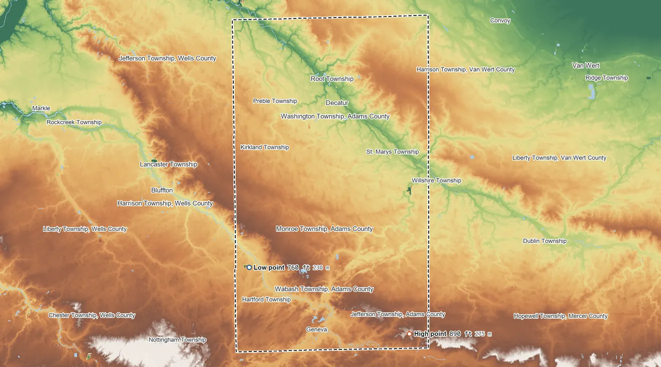 Topographic elevation map of Adams County, Indiana, shaded from 760 ft on the southwest side to 890 ft on the southeast side