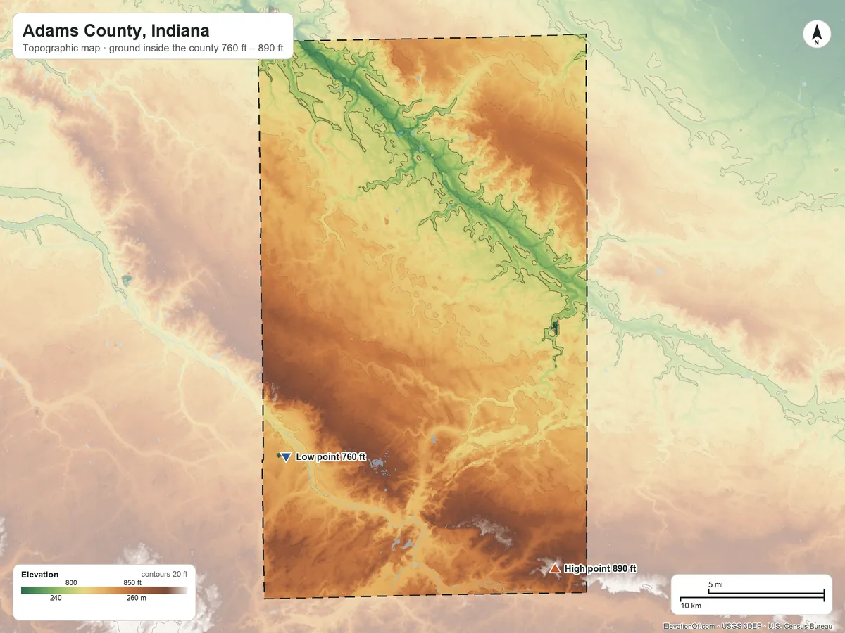 Topographic elevation map of Adams County, Indiana, shaded from 760 ft on the southwest side to 890 ft on the southeast side