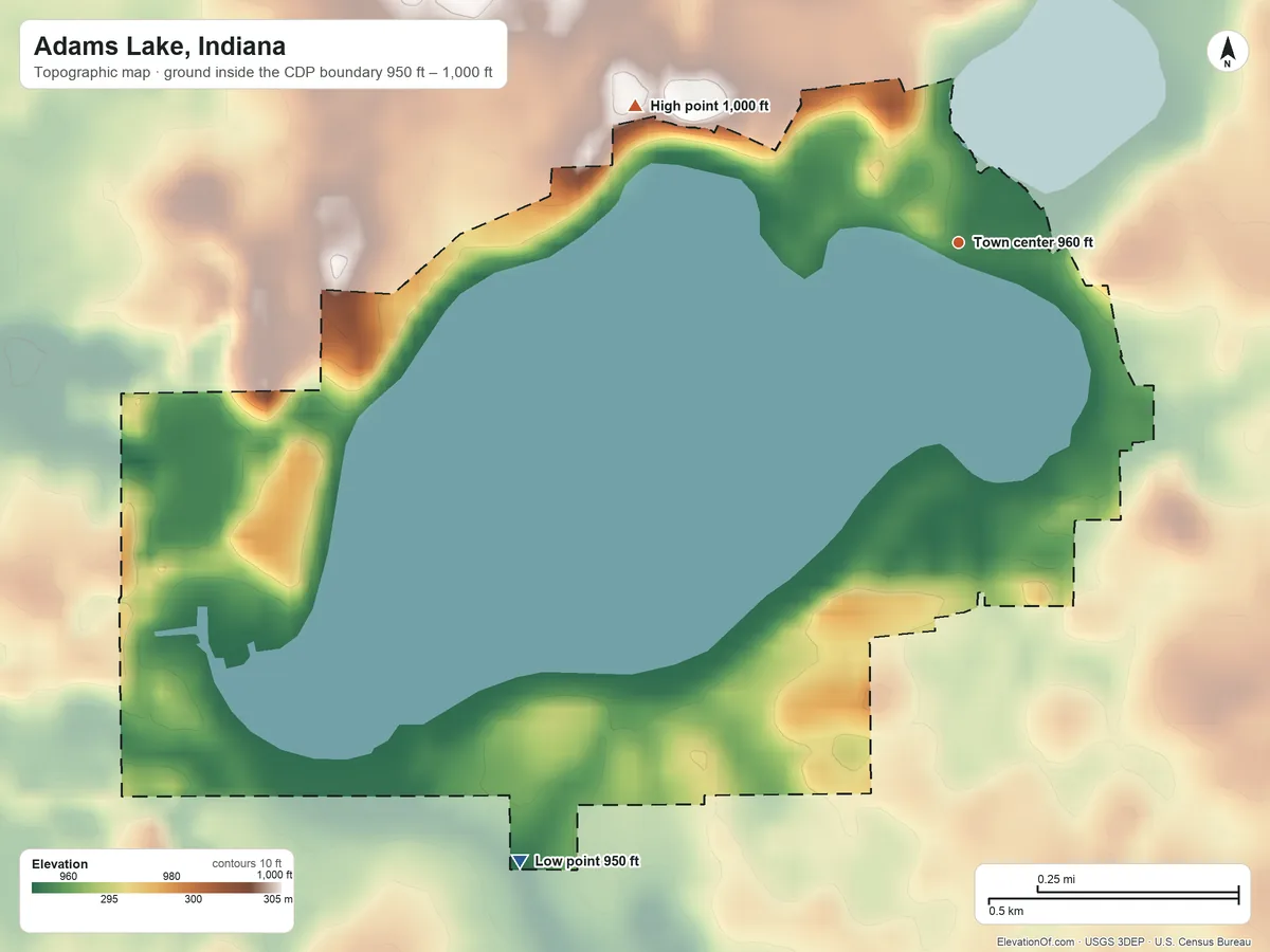 Topographic elevation map of Adams Lake, Indiana, shaded from 950 ft on the southwest side to 1,000 ft on the northwest side