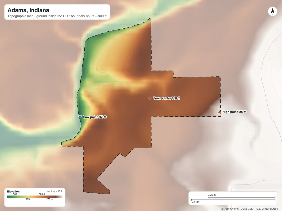 Topographic elevation map of Adams, Indiana, shaded from 850 ft on the west side to 900 ft on the east side