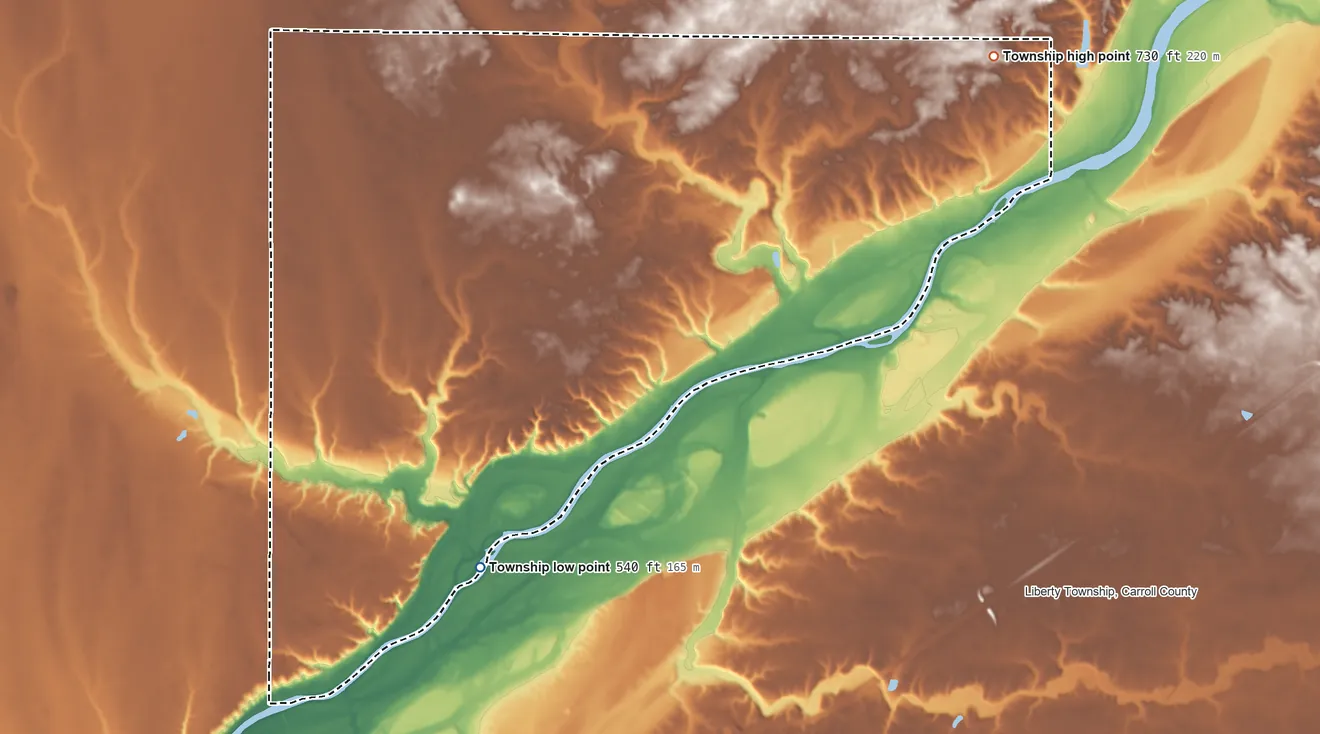 Topographic elevation map of Adams Township, Carroll County, Indiana, shaded from 540 ft on the southwest side to 730 ft on the northeast side