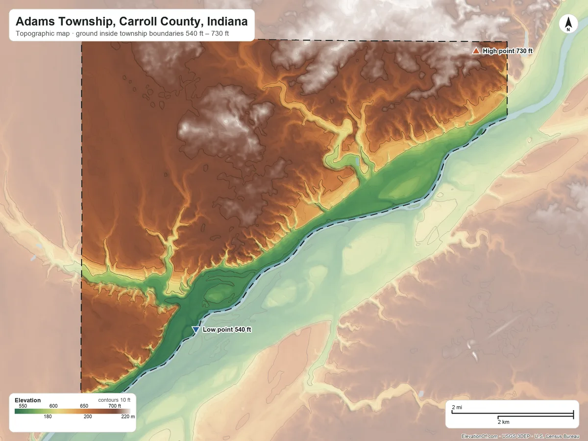 Topographic elevation map of Adams Township, Carroll County, Indiana, shaded from 540 ft on the southwest side to 730 ft on the northeast side