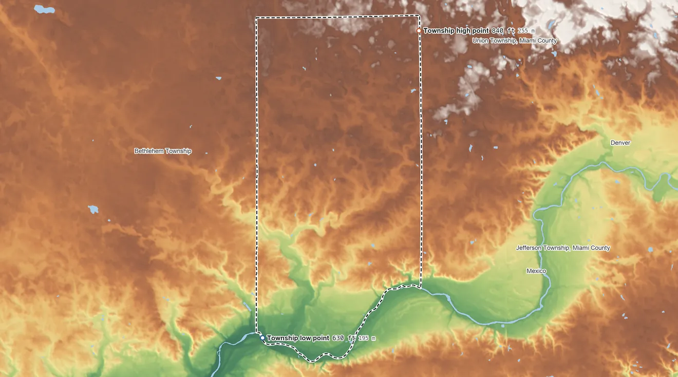 Topographic elevation map of Adams Township, Cass County, Indiana, shaded from 630 ft on the south side to 840 ft on the northeast side