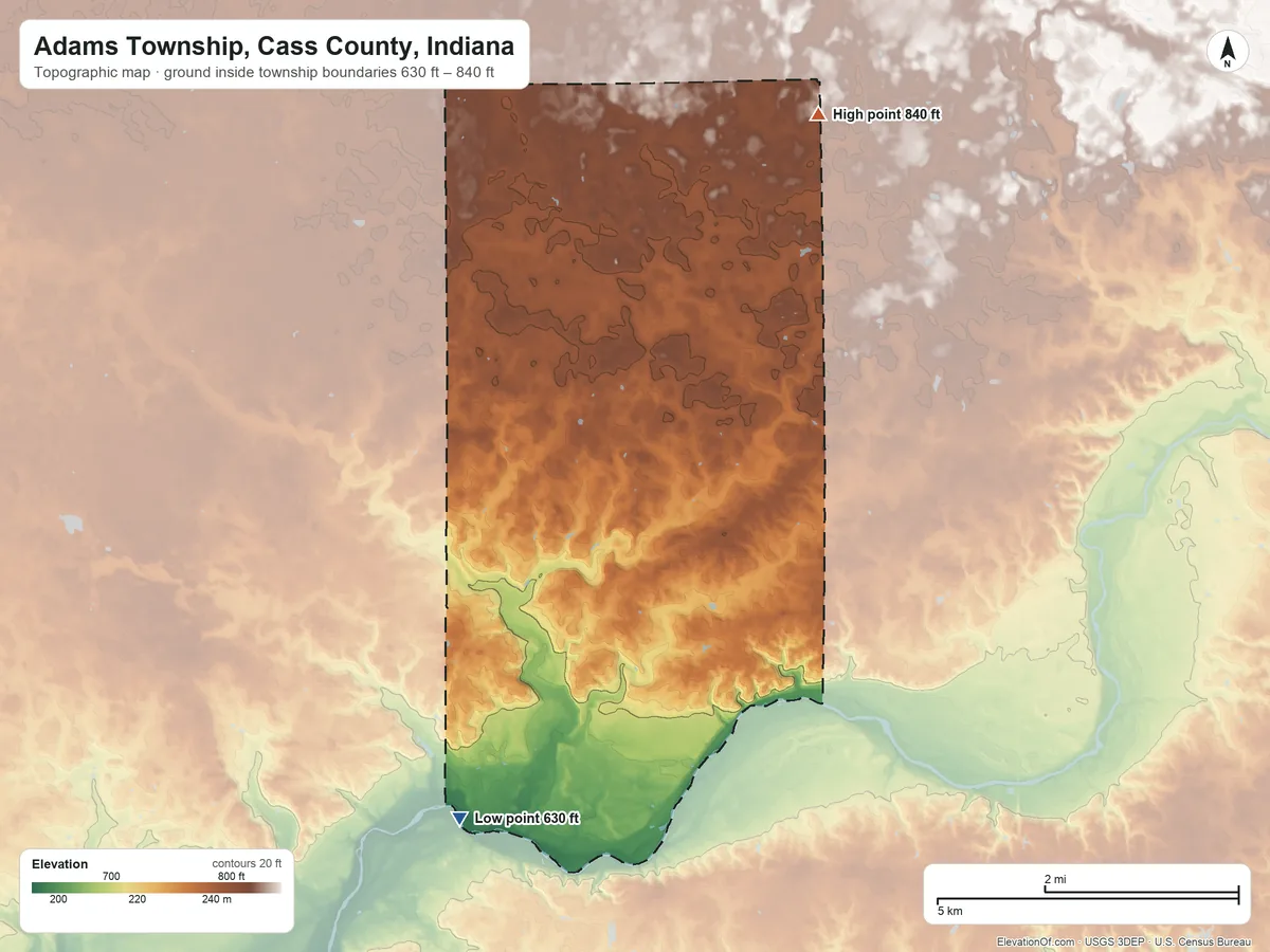 Topographic elevation map of Adams Township, Cass County, Indiana, shaded from 630 ft on the south side to 840 ft on the northeast side