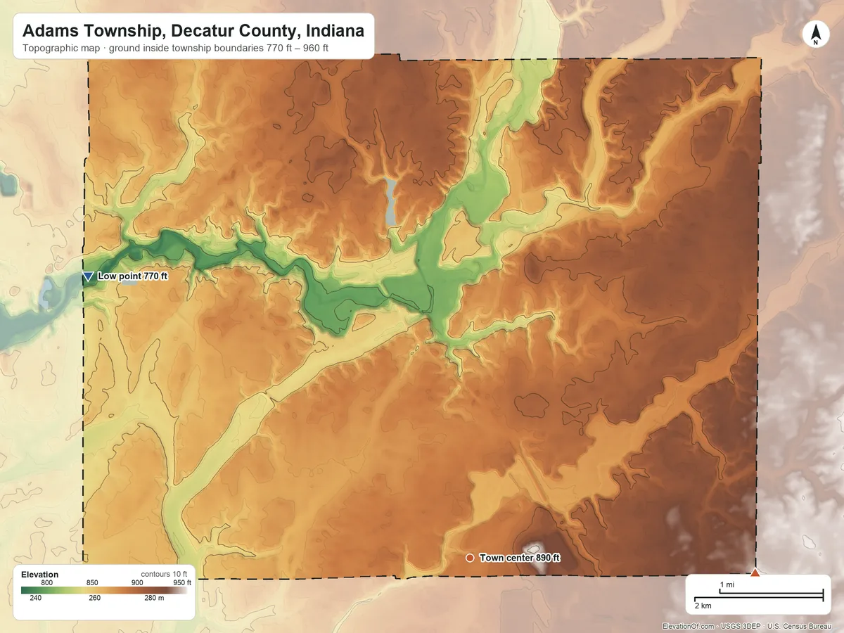 Topographic elevation map of Adams Township, Decatur County, Indiana, shaded from 770 ft on the northwest side to 960 ft on the east side