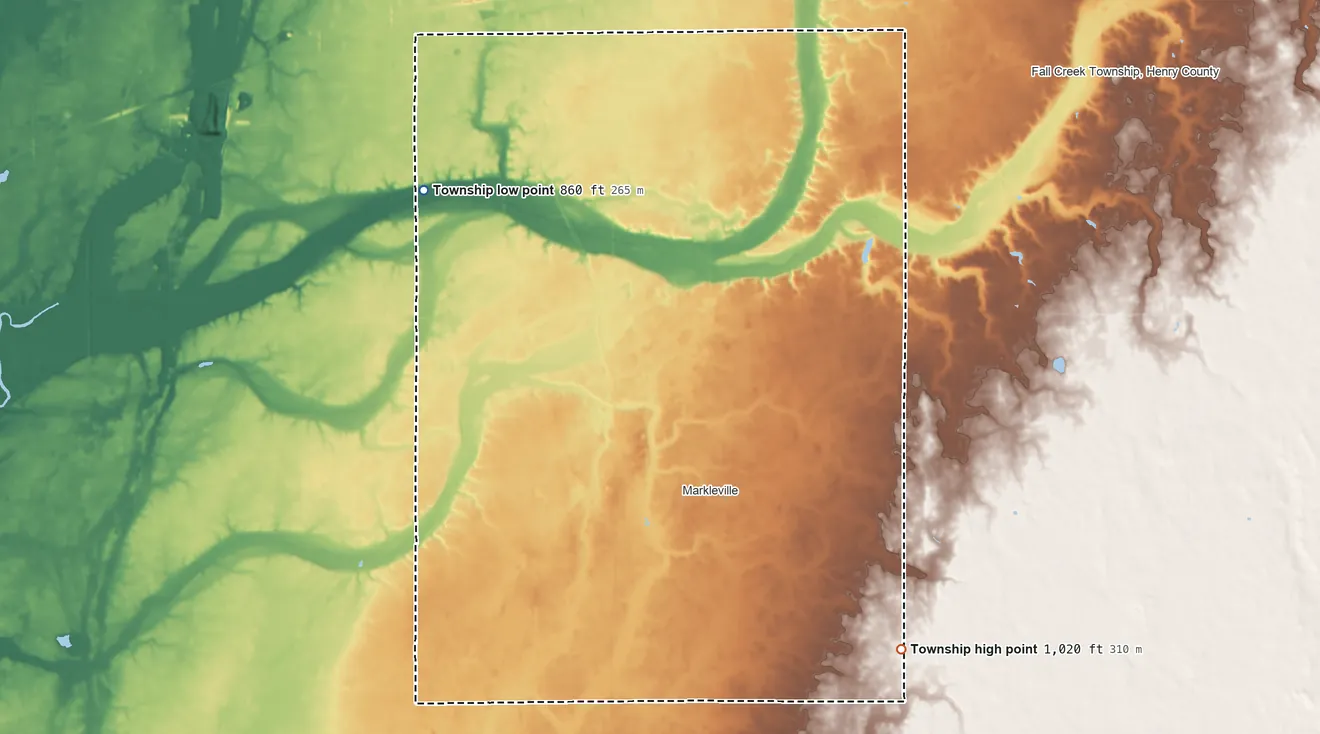 Topographic elevation map of Adams Township, Madison County, Indiana, shaded from 860 ft on the northwest side to 1,020 ft on the southeast side