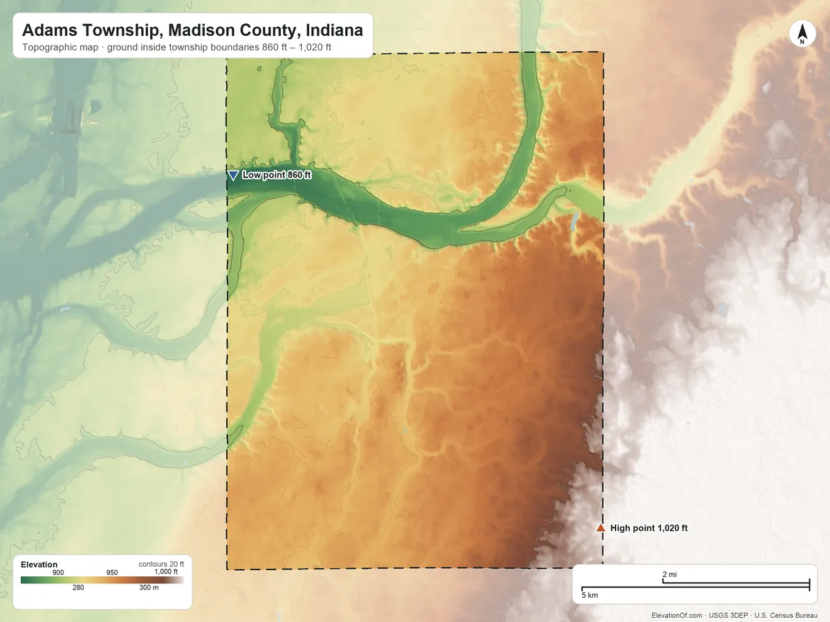 Topographic elevation map of Adams Township, Madison County, Indiana, shaded from 860 ft on the northwest side to 1,020 ft on the southeast side