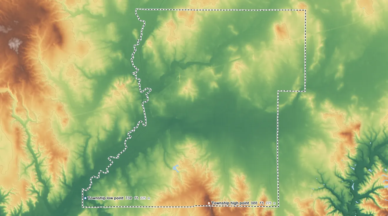 Topographic elevation map of Adams Township, Morgan County, Indiana, shaded from 730 ft on the west side to 900 ft on the south side