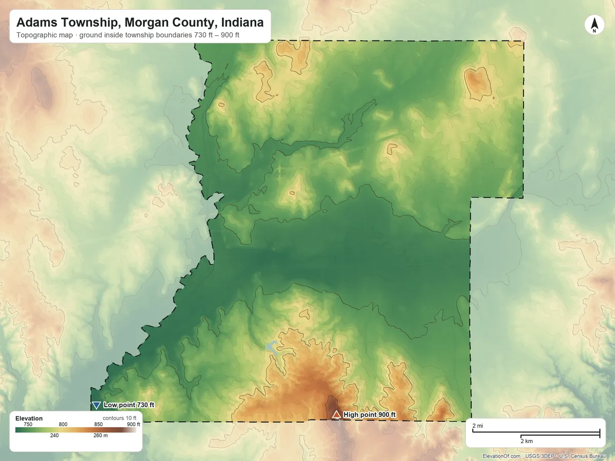 Topographic elevation map of Adams Township, Morgan County, Indiana, shaded from 730 ft on the west side to 900 ft on the south side
