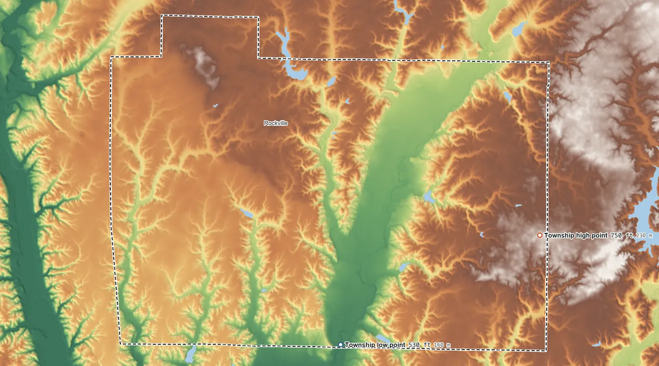 Topographic elevation map of Adams Township, Parke County, Indiana, shaded from 530 ft on the south side to 750 ft on the southeast side