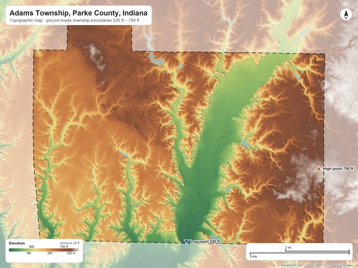 Topographic elevation map of Adams Township, Parke County, Indiana, shaded from 530 ft on the south side to 750 ft on the southeast side