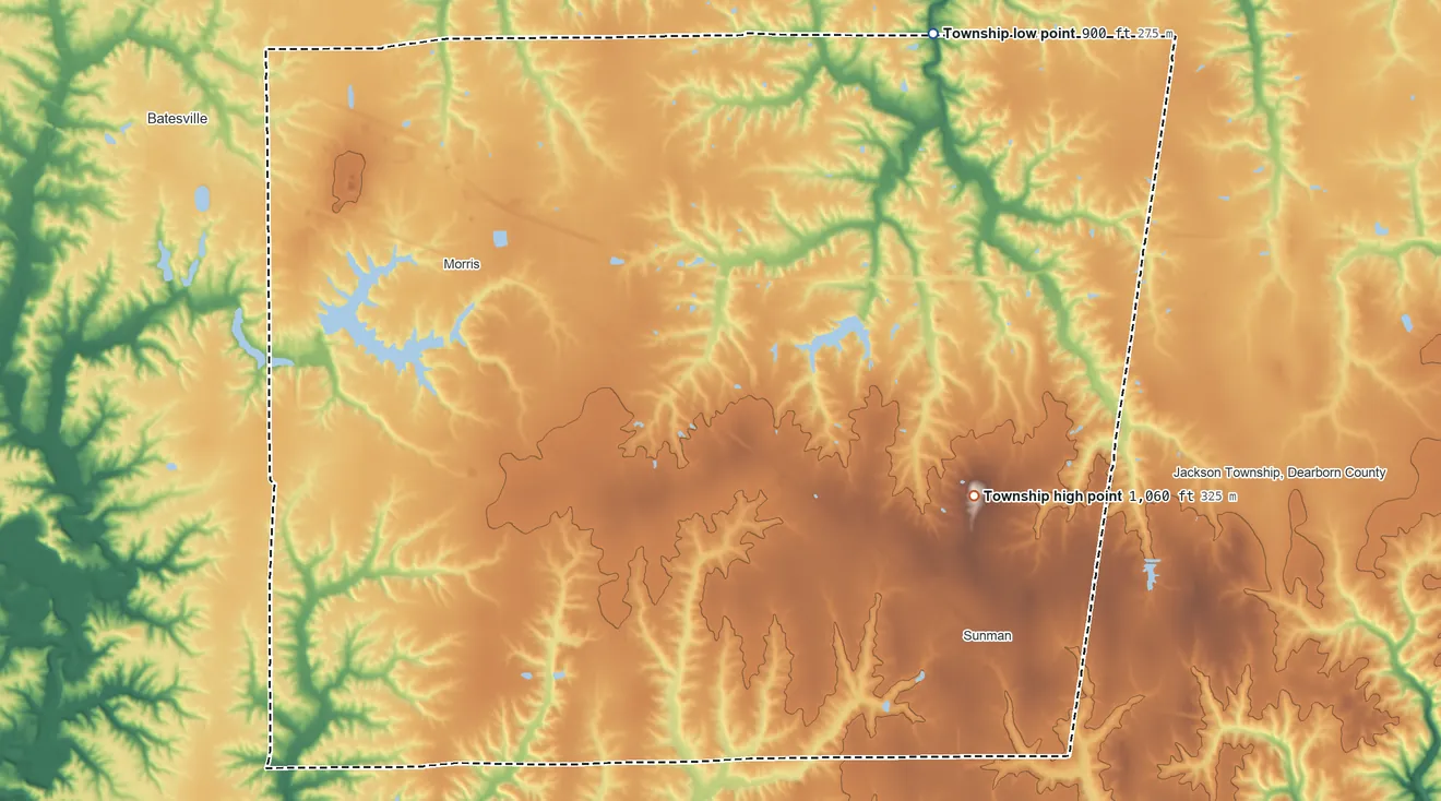 Topographic elevation map of Adams Township, Ripley County, Indiana, shaded from 900 ft on the northeast side to 1,060 ft on the east side
