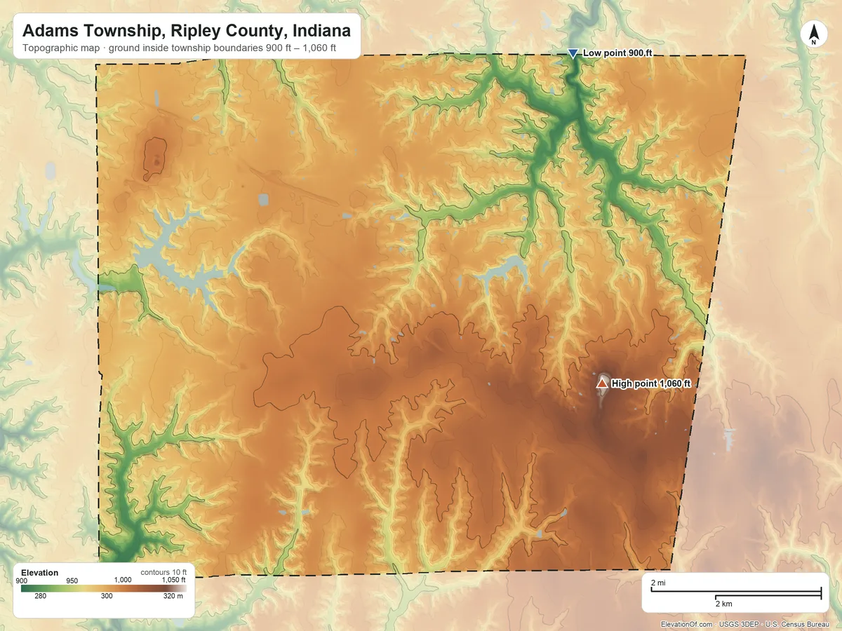 Topographic elevation map of Adams Township, Ripley County, Indiana, shaded from 900 ft on the northeast side to 1,060 ft on the east side