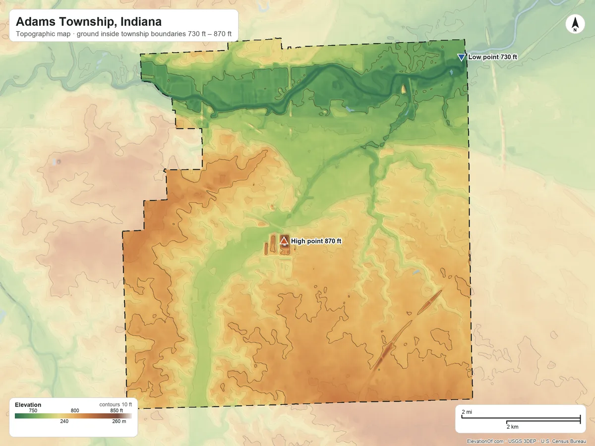 Topographic elevation map of Adams Township, Indiana, shaded from 730 ft on the northeast side to 870 ft near the middle