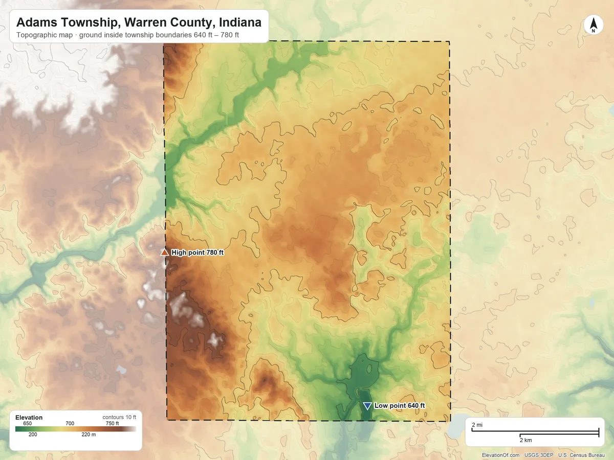 Topographic elevation map of Adams Township, Warren County, Indiana, shaded from 640 ft on the southeast side to 780 ft on the southwest side