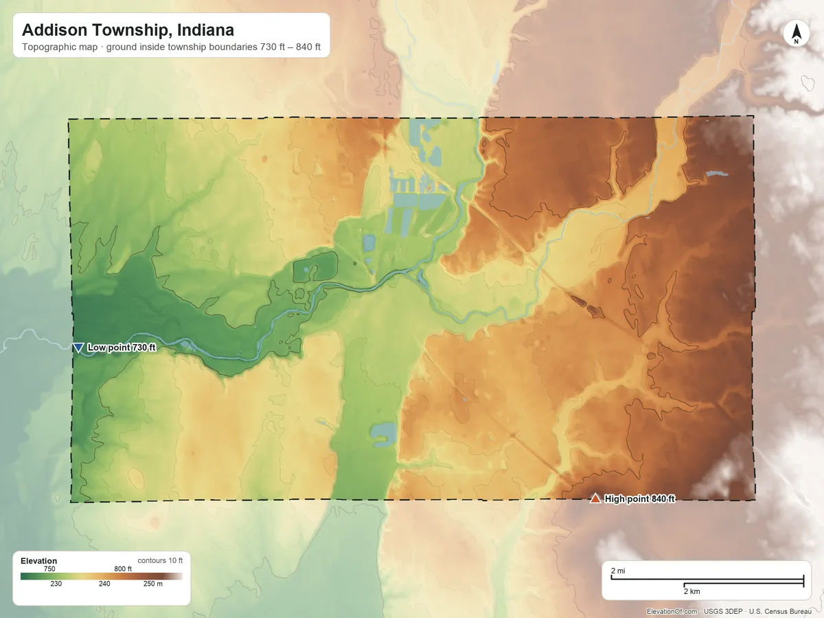 Topographic elevation map of Addison Township, Indiana, shaded from 730 ft on the west side to 840 ft on the southeast side