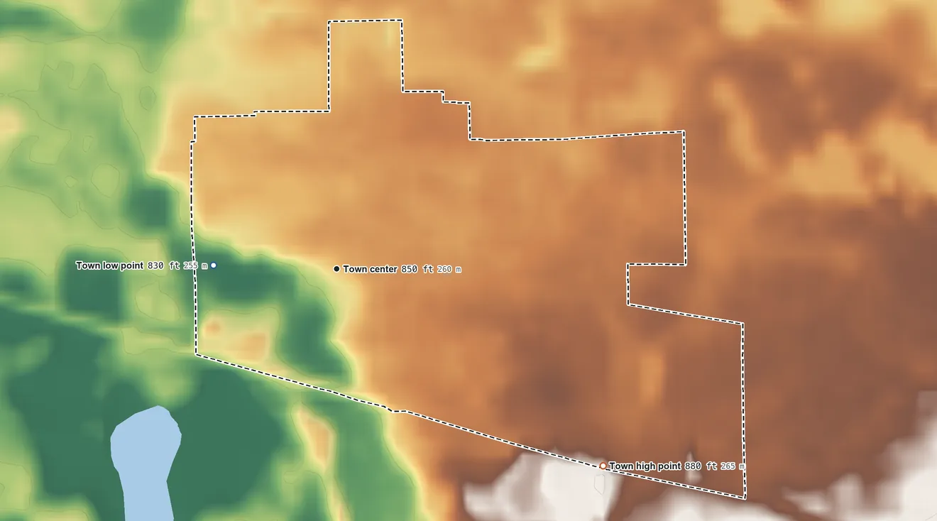 Topographic elevation map of Akron, Indiana, shaded from 830 ft on the west side to 880 ft on the southeast side