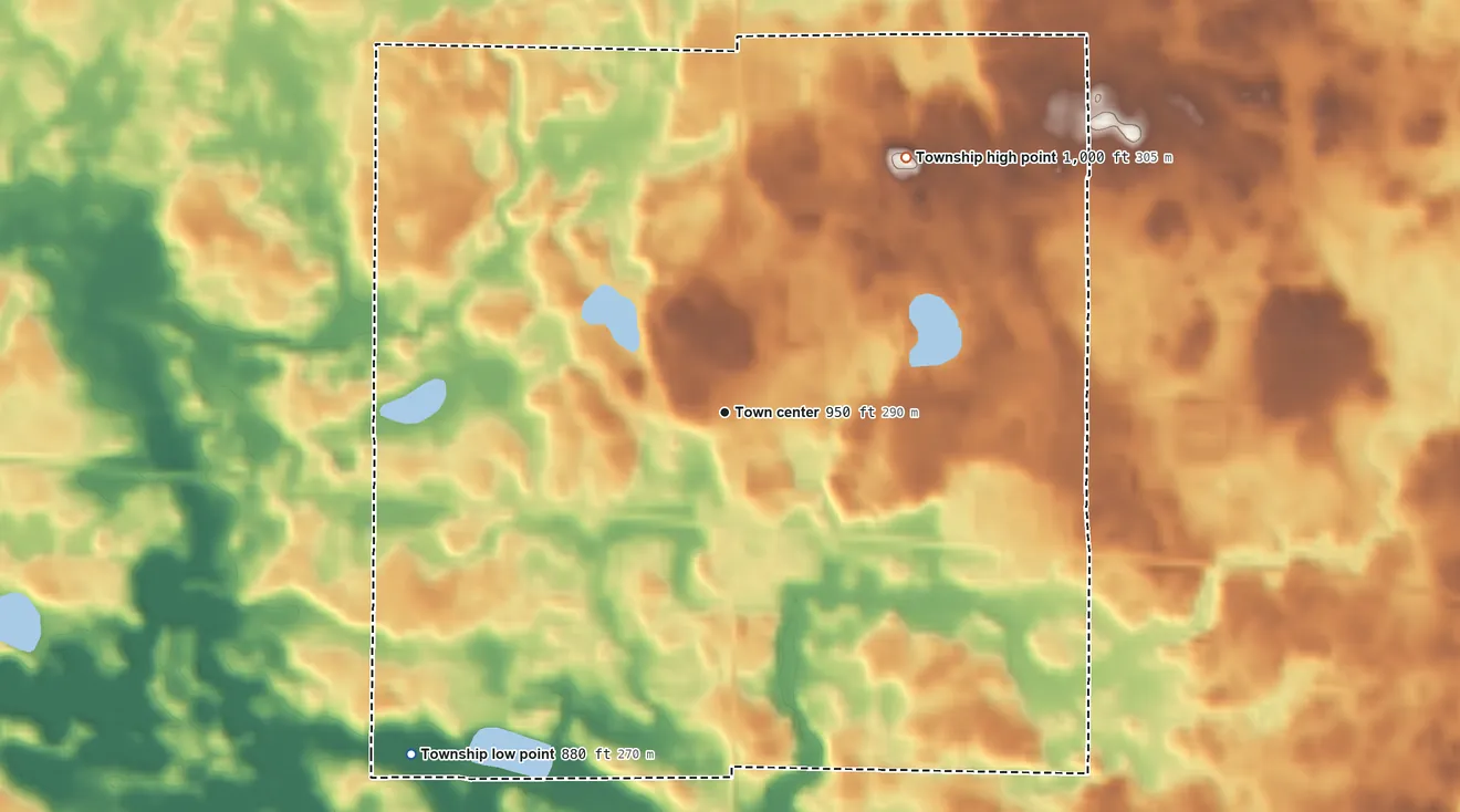 Topographic elevation map of Albion Township, Indiana, shaded from 880 ft on the southwest side to 1,000 ft on the northeast side